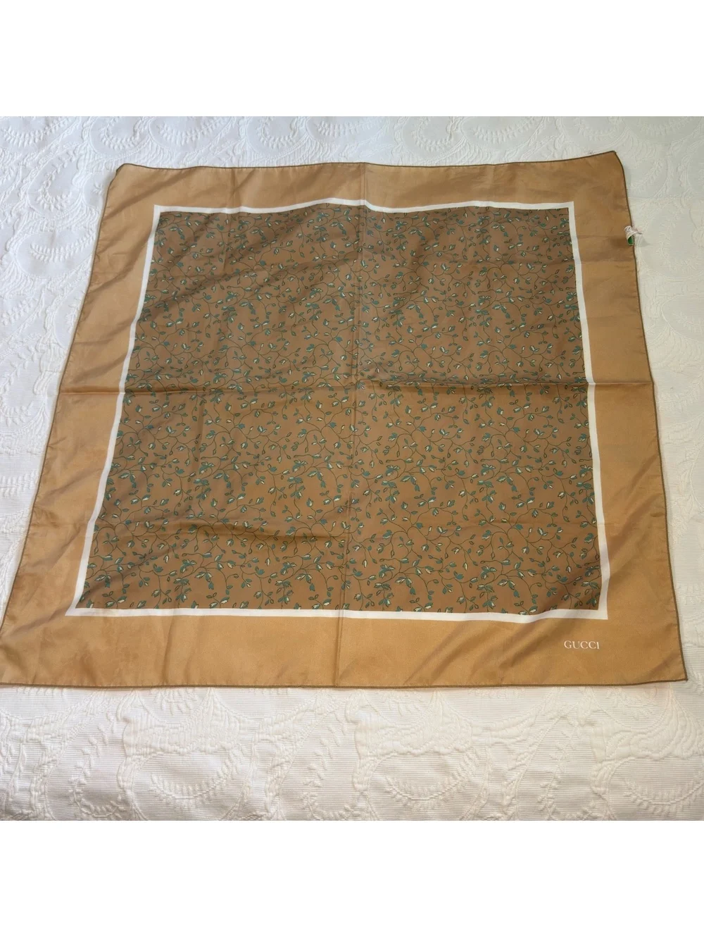 Vintage Gucci Scarf 26x26 Made In Italy Brown Teal Floral Designer Scarf